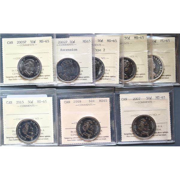 1964 50¢, 1979, 1982 T2, 2002P, 2005P, 2007, 2009 & 2015 all ICCS graded Gem Mint State-65 w/excepti