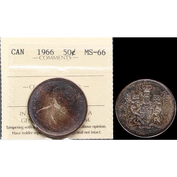 1966 50¢ ICCS Superb Gem Mint State-66.  Deep varying degrees of blues and reds over fully lustrous 