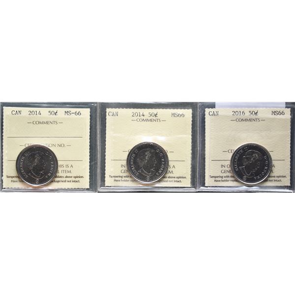 2014 50¢(2) & 2016 ICCS Superb Gem Mint State-66.  Lot of 3 coins.