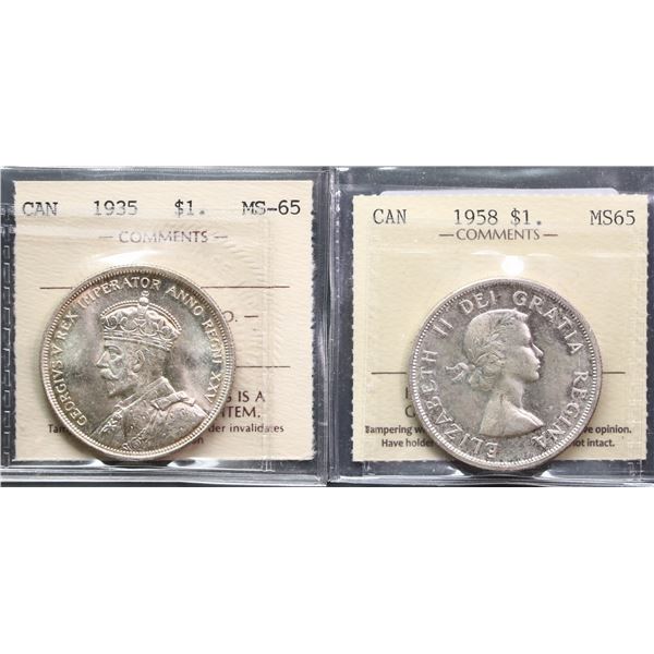1935 $1, 1958 both ICCS Gem Mint State-65.