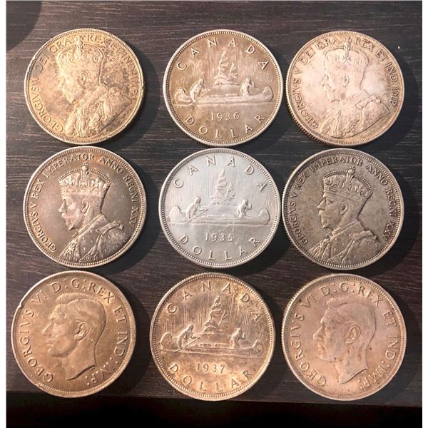 1935 $1, 1936 & 1937, 3 of each.  Lot of 9 coins.  All VF to AU.