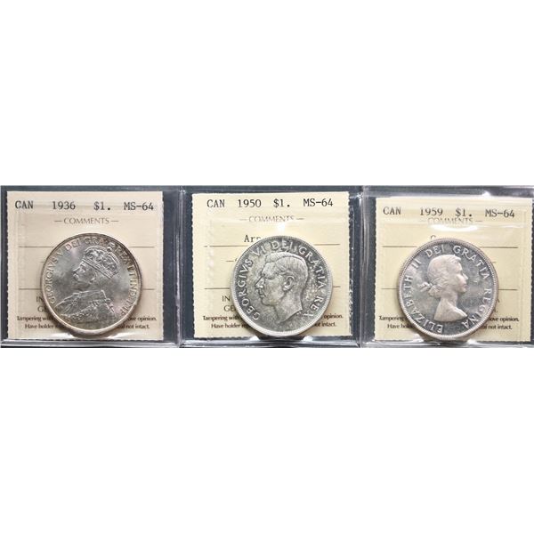 1936 $1, 1950 Arn, and 1959 Cameo, all ICCS Choice Mint State-64, lot of 3 coins.