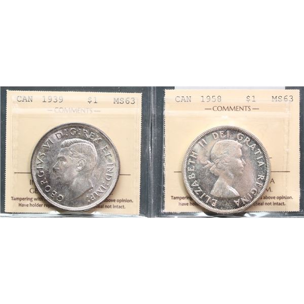 1939 $1,1958 Both coins ICCS Choice Mint State-63