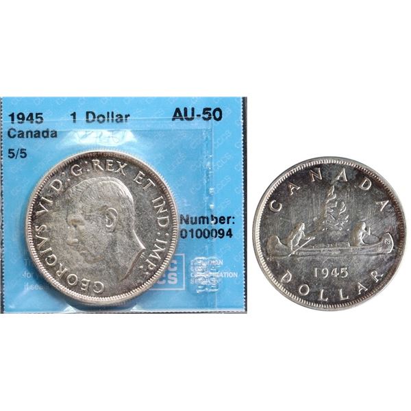 1945 $1 "5/5" CCCS About Uncirculated-50 Lustrous.