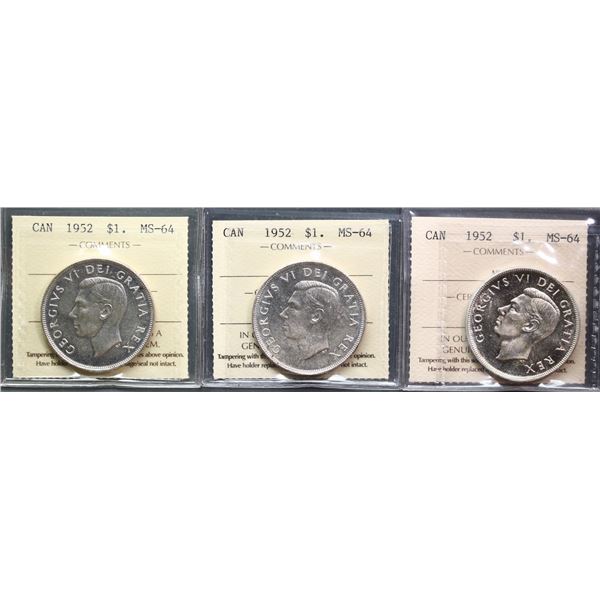 1952 $1, 1952 SWL, and 1952 NWL, all ICCS Choice Mint State-64, lot of 3 coins.