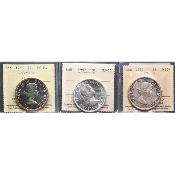 1953 $1 SF SWL, 1957, and 1960, all ICCS Choice Mint State-64, lot of 3 coins.