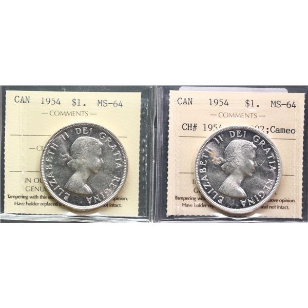 1954 $1, 1954 CH# 1954 Rev 002 Cameo, both ICCS Choice Mint State-64.