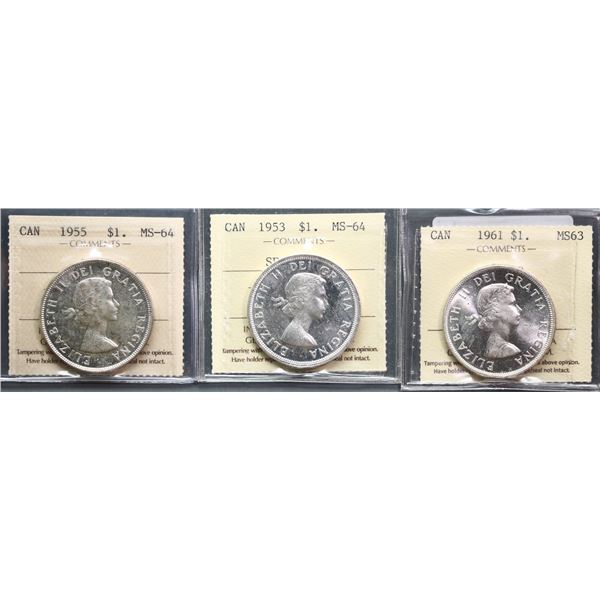 1955 $1, Choice Mint State-64, 1953 SF Choice Mint State-64, and 1961 Choice Mint State-63, all ICCS