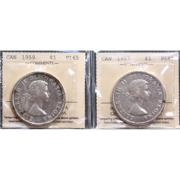1957 $1 & 1959 ICCS Gem Proof-Like-65.  Lot of 2 coins both with light attractive lustre.