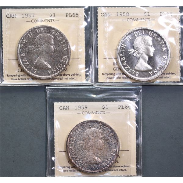 1957 $1 Gem Proof-Like-65, 1958 Superb Gem Proof-Like-66 Cameo & 1959 Superb Gem Proof-Like-66.  Lot