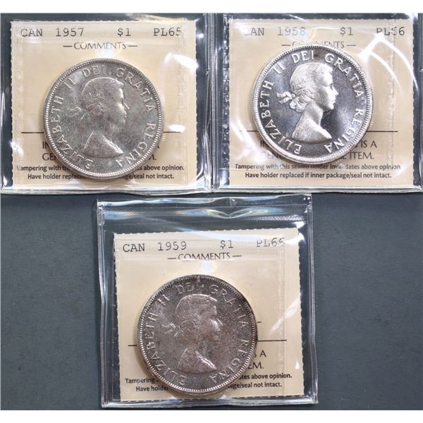 1957 $1 Gem Proof-Like-65, 1958 Superb Gem Proof-Like-66 Cameo & 1959 Superb Gem Proof-Like-66.  Lot