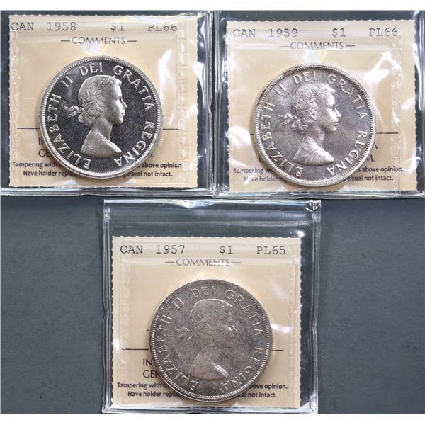 1957 $1 Gem Proof-Like-65, 1958 Superb Gem Proof-Like-66 Cameo & 1959 Superb Gem Proof-Like-66.  Lot