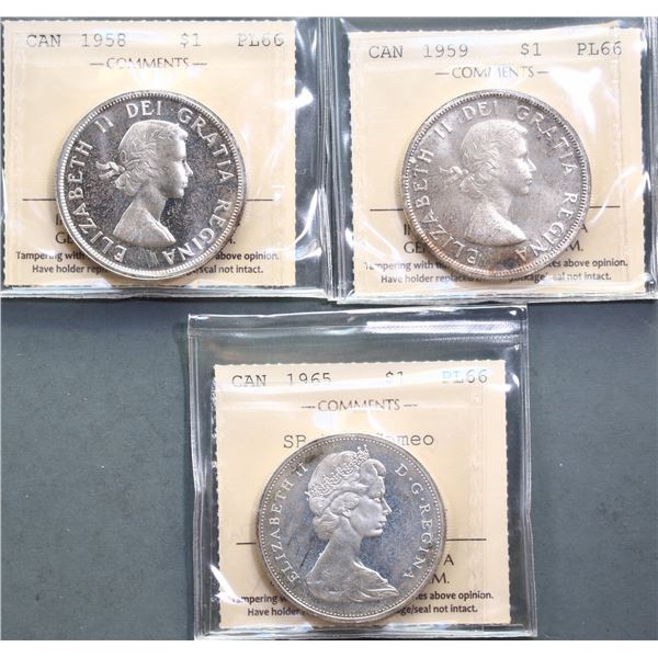 1958 $1, 1959 & 1965 SB B5 all ICCS Superb Gem Proof-Like-66.  Lot of 3 mildly toned coins some w/Ca