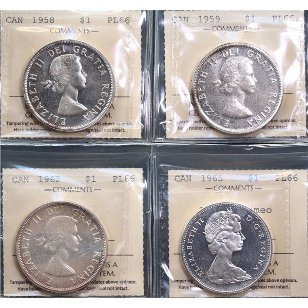 1958 $1, 1959, 1962 & 1965 SB B5 all ICCS Superb Gem Proof-Like-66.  Lot of 4 mildly toned coins som