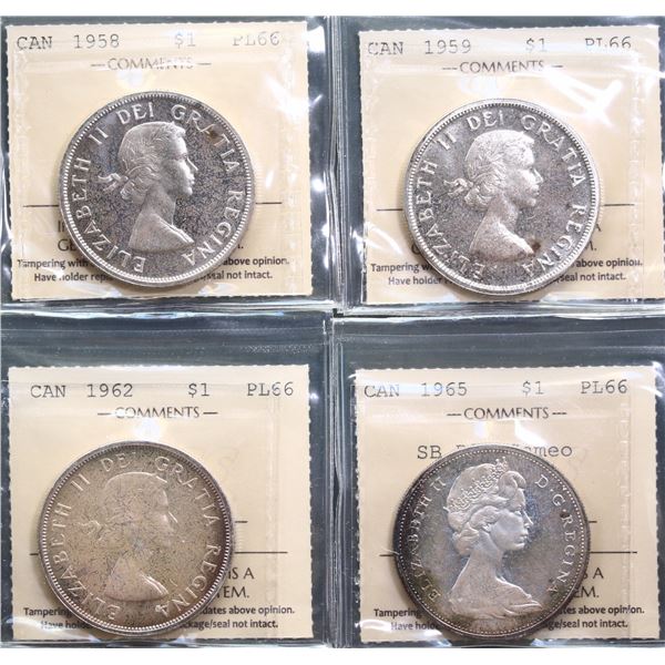 1958 $1, 1959, 1962 & 1965 SB B5 all ICCS Superb Gem Proof-Like-66.  Lot of 4 mildly toned coins som