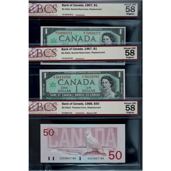 1967 $1 BC-45bA *NO (2), 1988 $50 BC-59bA EHX, All 3 notes BCS AU58 Original.