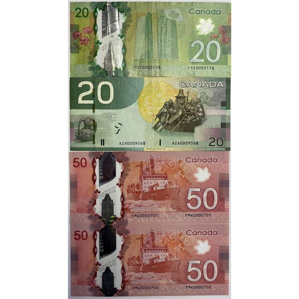 Low numbers; 2004 $20, 2012 $20's & $50's Lot of 4 nots VF to Gem Unc.