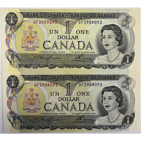 RADARS; 1973 $1 BC-46a OF2908092 & OF2909092, Both notes Uncirculated.