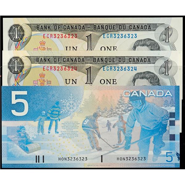 RADARS; Matching Set.  includes 1973 $1 (2), 2002 $5, all with same serial numbers: S/N3236323.  Ch 