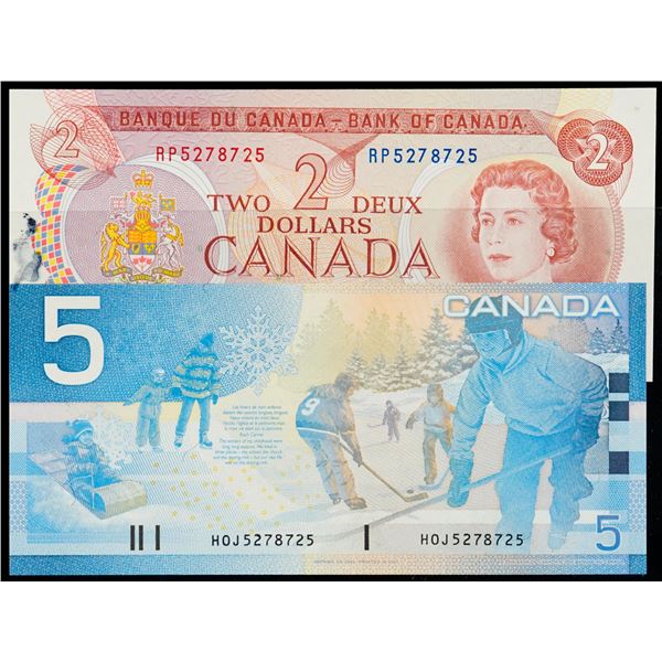 RADARS; Matching Pair.  Includes 1974 $2, 2002 $5, both with same serial numbers: S/N5278725.  Ch Un