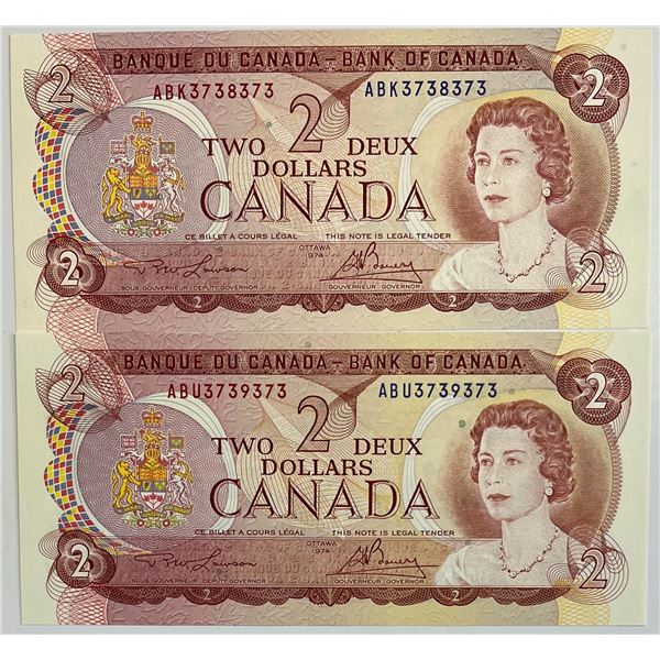 RADARS; 1974 $1 BC-47a-i ABK3738373 & ABK3739373, Both notes Uncirculated.