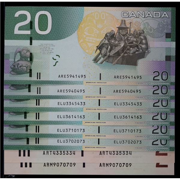 RADARS; 1986 $2 (2) & 2004 $20 (6) Lot of 8 Radar notes. Uncirculated