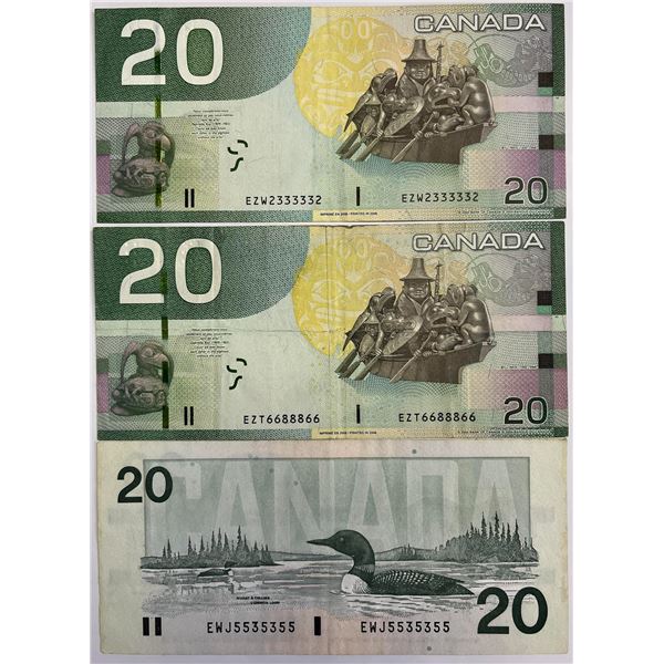 RADARS; 1991 & 2004 $20's "2 Digit Radars", Lot of 3 notes VF or better