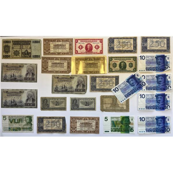 Netherlands; lot of 25+ notes.  Various denominations, varieties and grades.