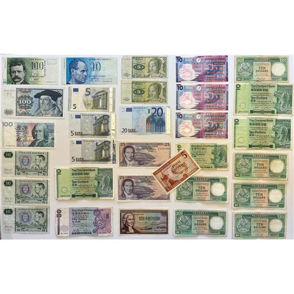 New Zealand, Iceland, Hong Kong, Sweden, France, Germany, Findland Lot of 50+ notes,  Face Value:$30