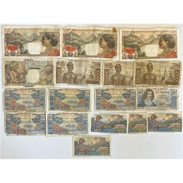 Saint Pierre et Miquelon Lot of 17 notes VG to VF.