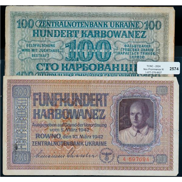 Ukraine;  1942 100 Harbowanez P#55 & 1942 500 Harbowanez P#57.  Both notes VF or better.  Lot of 2 n