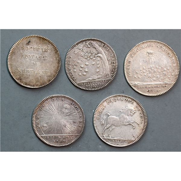 France;  Louis XVI Silver Tokens includes 1776 Secrétaires du roi, 1745 Odinaire des Geurres, Sociét