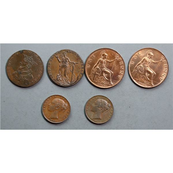 Great Britain; Lot of 6 various coins and tokens.  Grades vary.