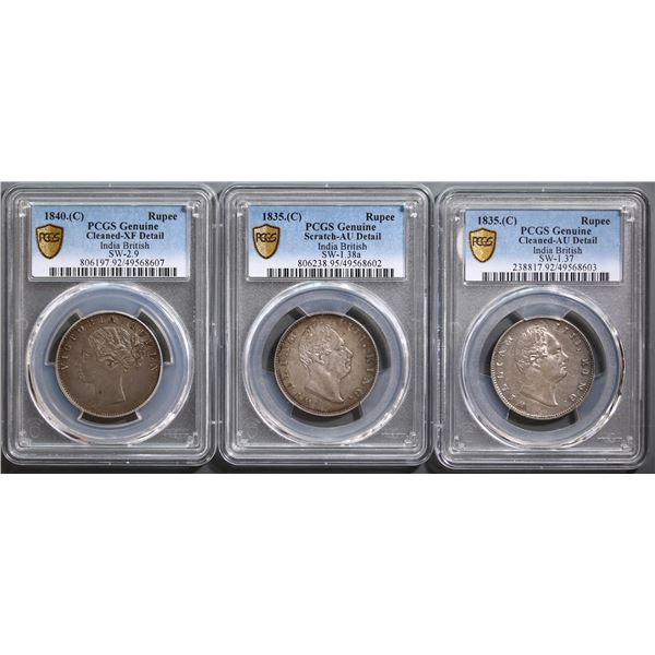 India; 1835-1916 Rupees, lot of 10 PCGS graded coins. Grades vary from VF to UNC -Details  with mino