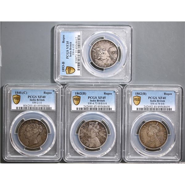 India; 1840-1920 Rupees, lot of 10 PCGS graded coins. Grades vary from VF30 to MS62.  Includes vario