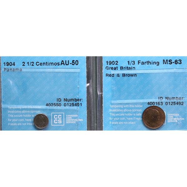 Panama 1904 2 1/2 Centimos CCCS AU50 & G.B. 1902 1/3 Farthing CCCS MS63.  Lot of 2 coins.