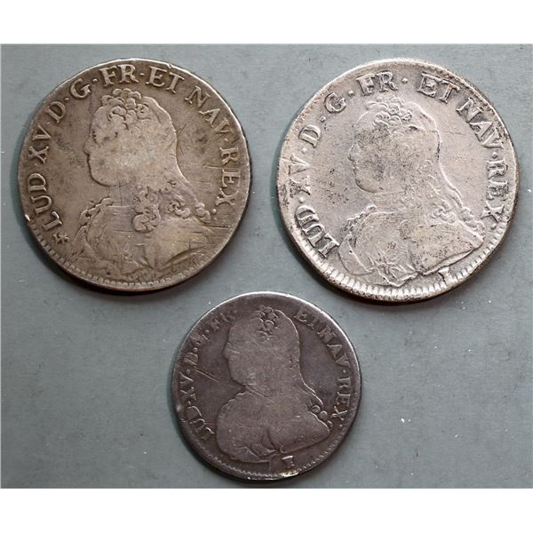 France; 1728 1/2 Ecu, 1729 & 1738T Ecu.  All 3 coins F-VF or better.