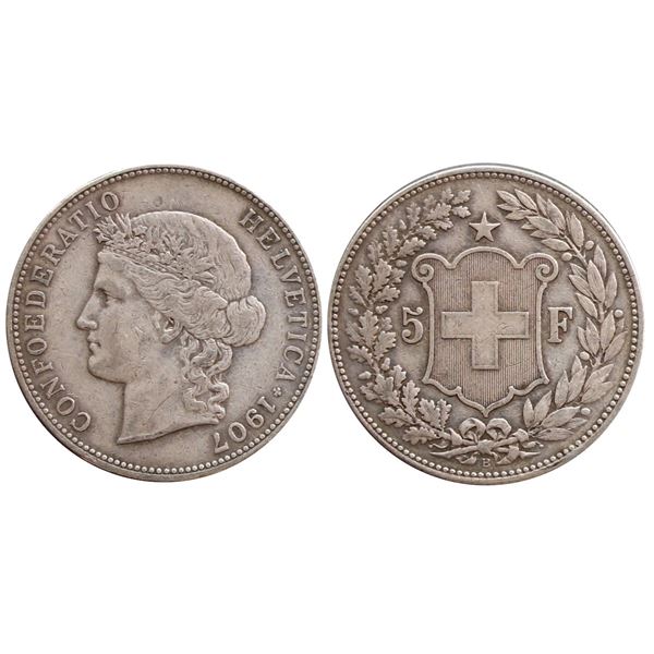 Switzerland; 1907B 5 Francs VF or better