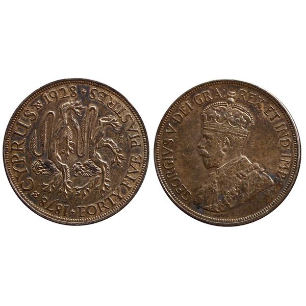 Cyprus; 1928 45 Piastres Ef with unerlying lustre.
