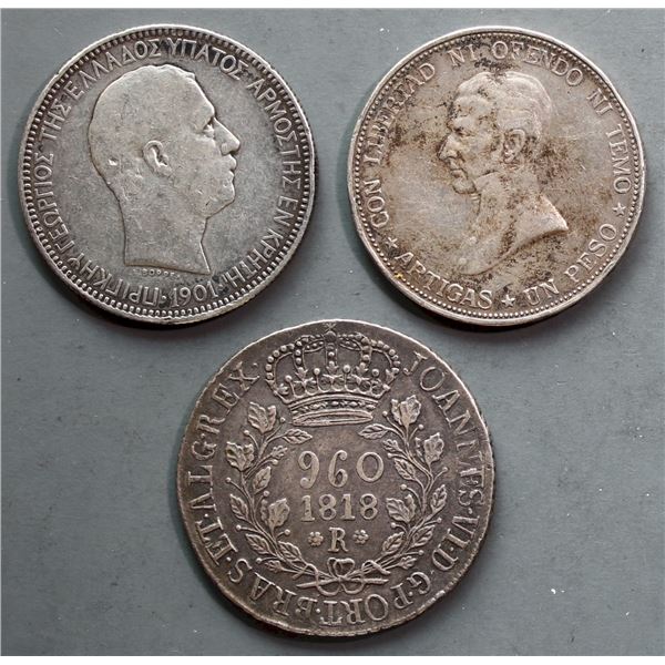 Brazil 1818R 960 reis, Greece 1901 5 Dra, Uruguay 1917 1 Peso, All 3 coins F to VF.
