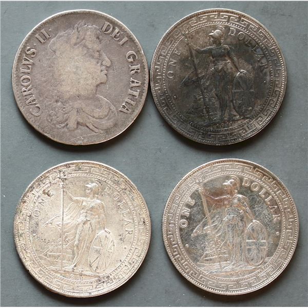 Great Britain; 1672-1911 Dollar, lot of 4 coins.  VG to AU.