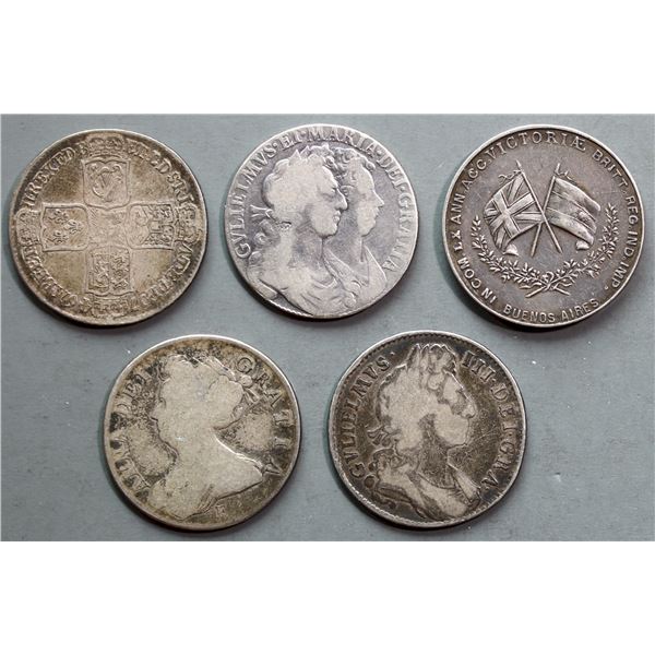 Great Britain; 1689-1897 Half Crown & Medal.  lot of 5 coins.  VG to EF.