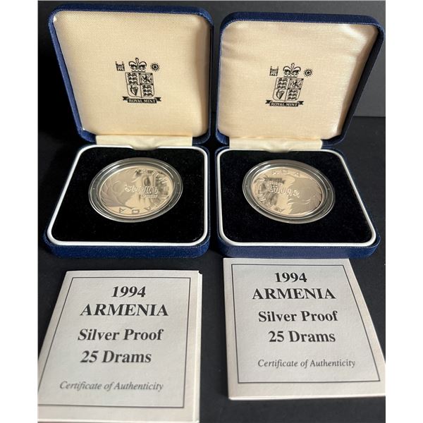 World Coins;  Armenia Royal mint 1994(2) 25 Dram Apricot silver Proof. Original Box and Certificate.