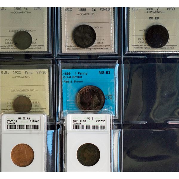 World Coins;  Group Lot of 7 coins; includes GB and Canada, 4 ICCS, 1 CCCS and 2 Anacs.