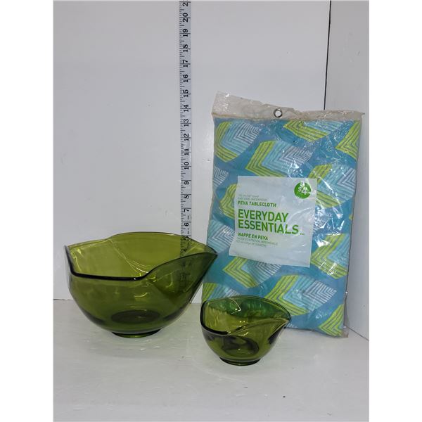 Vintage Green Glass 2 Bowl Set + New Plastic Fabric Backed Tablecloth