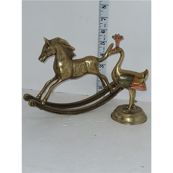 Rocking Horse & Standing Bird Brass Statues
