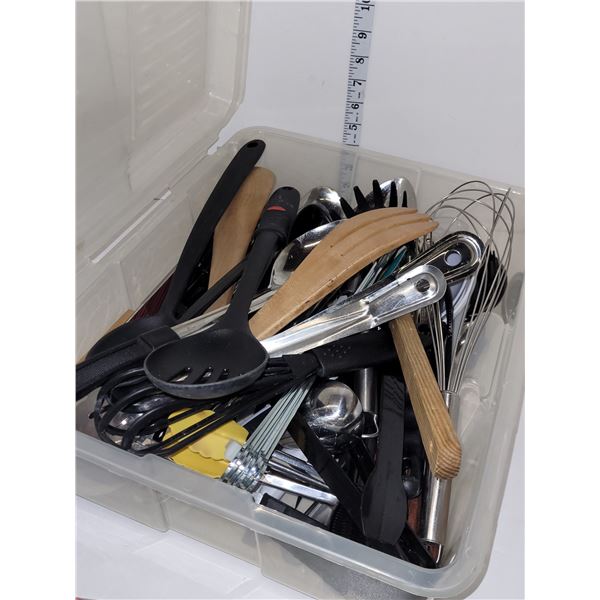 Large Clear Tote with Nice Lot of Kitchen Utensils