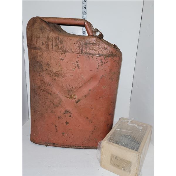 Old Vintage Red Gas Jerry Can +Box of 1 1/4 Spiral Finish Nails