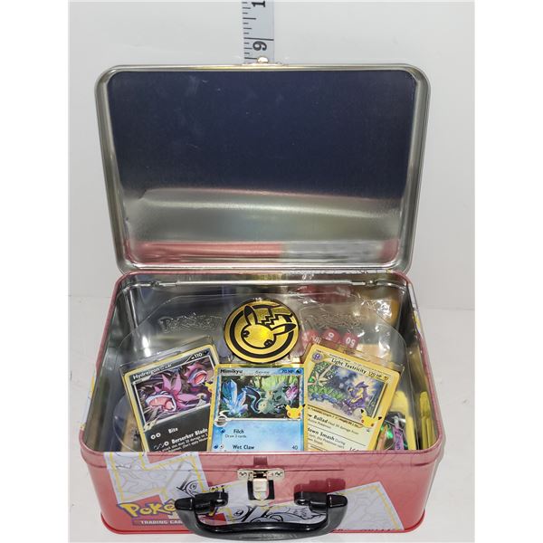 Pokemon Tin With Various Pokemon Cards & Accessories