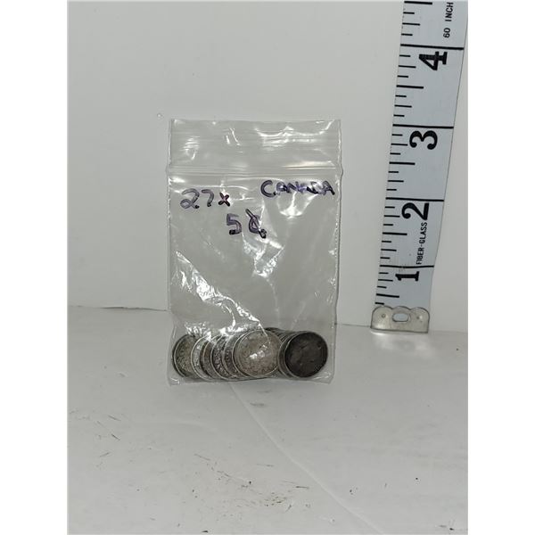 Lot of 27 Silver 5 Cent Coins Various Dates 1880-1920